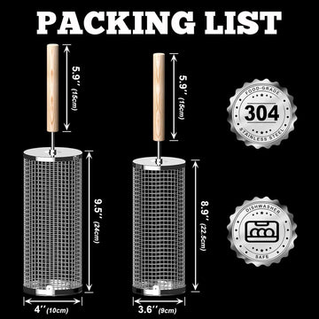 2-Pack Rolling Grill Baskets – 304 Stainless Steel with Removable Wooden Handle for BBQ, Vegetables, Shrimp, Camping